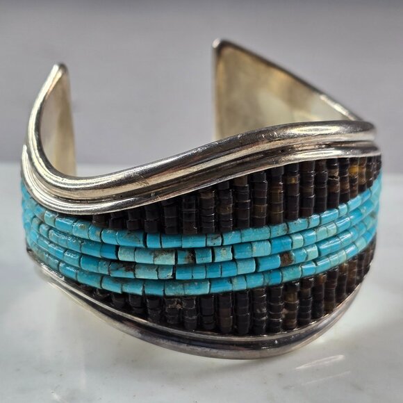 Vintage Estate Sterling Silver Turquoise Heishi Navajo Cuff Bracelet 82.6g E6148